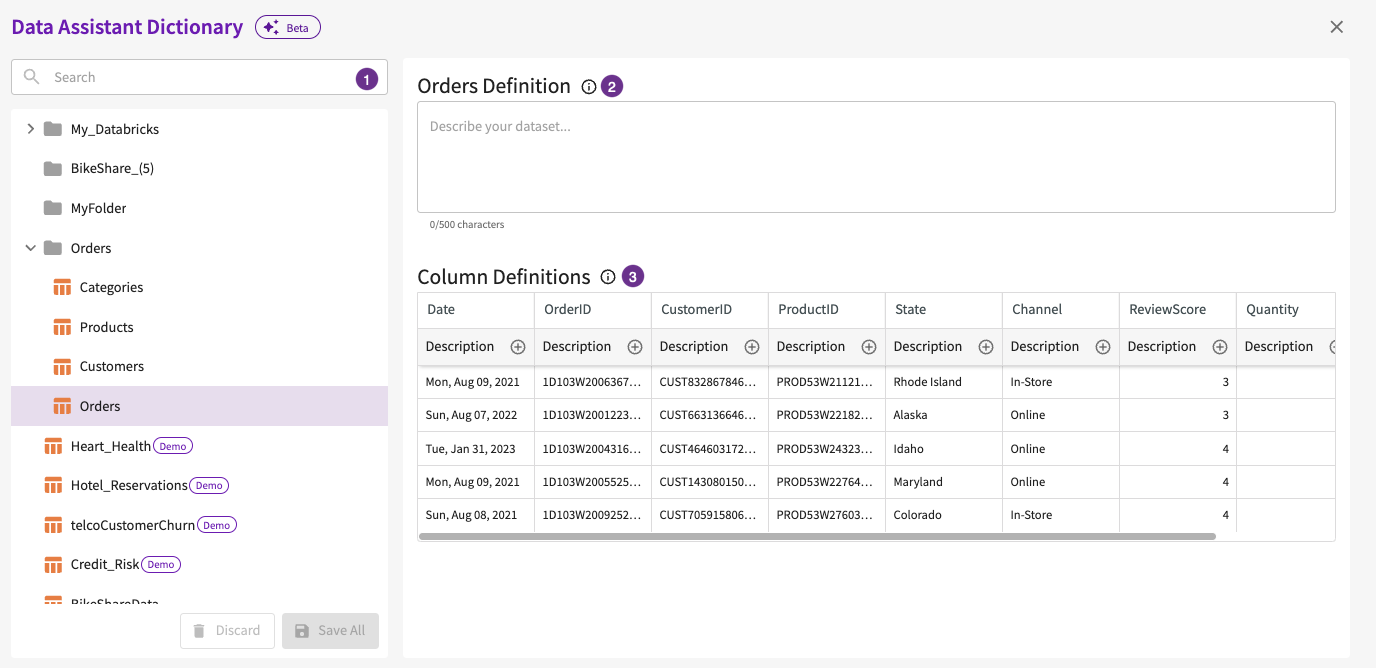 Data Assistant Dictionary Open