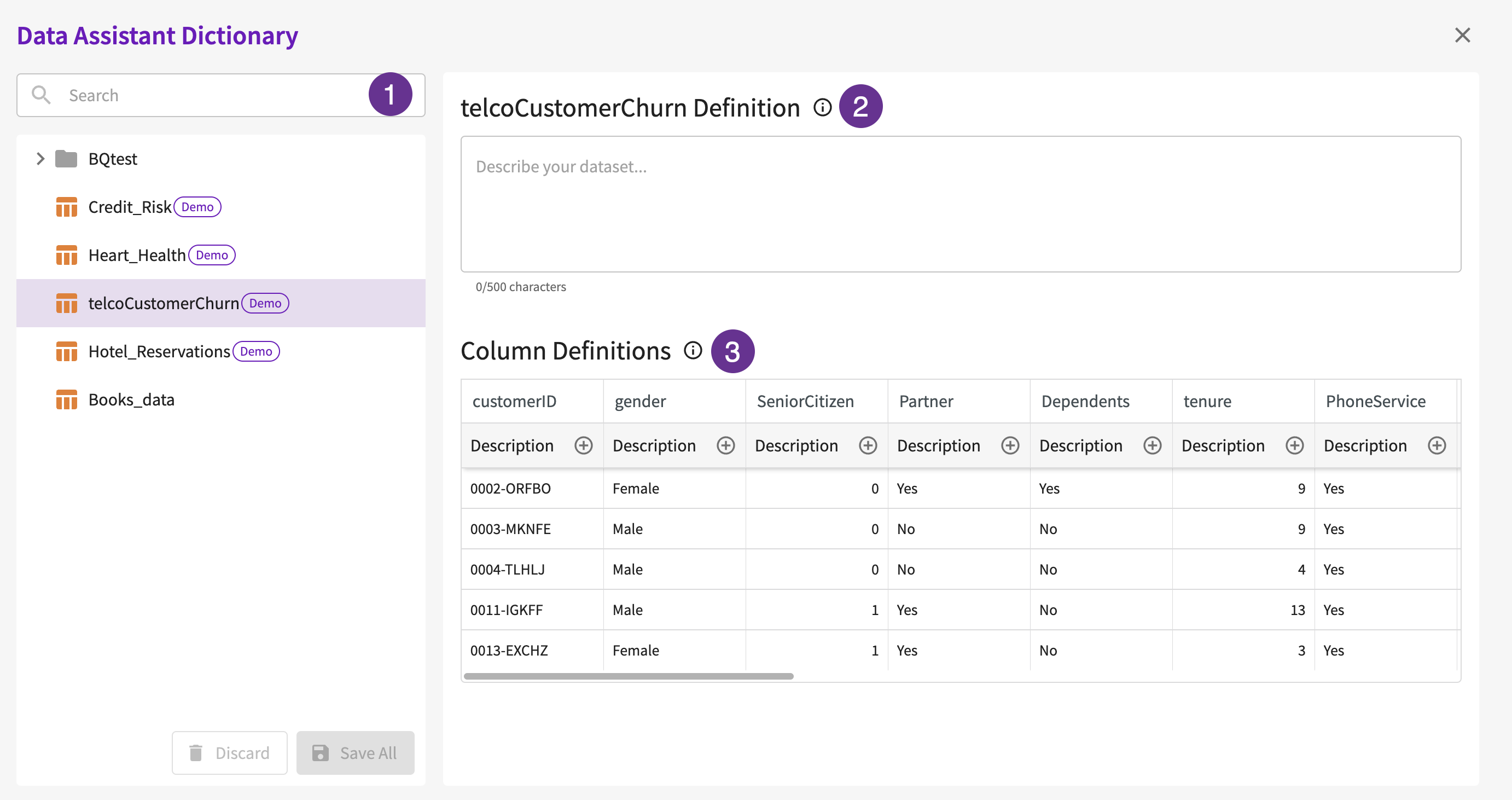 Data Assistant Dictionary Open